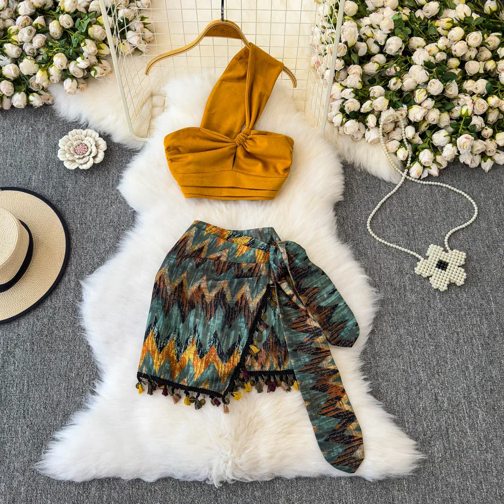 Lady Korea Boheemse Toprok 2-delige set Outfit Pak Zomer Vrouwelijke Strandvakantie Een Schouder Top Hip Split Lint Rok Set