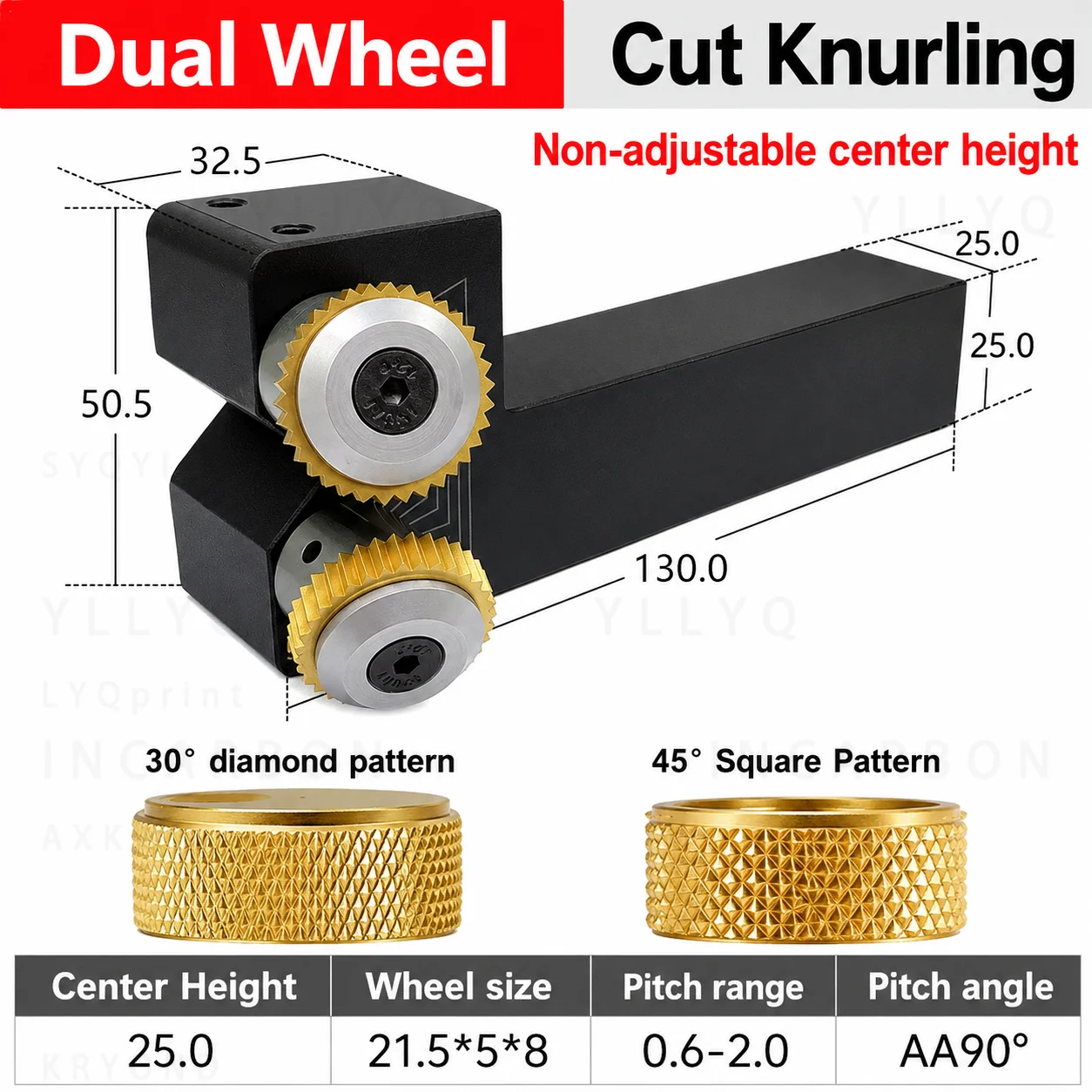 

25x25mm Dual Wheel Cut Knurling Tool Non-Adjustable Center Height 30° Diamond 45° Square Knurl Holder for CNC Lathe