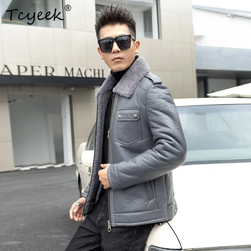 Tcyeek หนังแกะจริงขนสัตว์ CoatsMotocycle แจ็คเก็ตของแท้หนังแจ็คเก็ตขนสัตว์ธรรมชาติผู้ชายฤดูหนาวเสื้อผ้าМуж