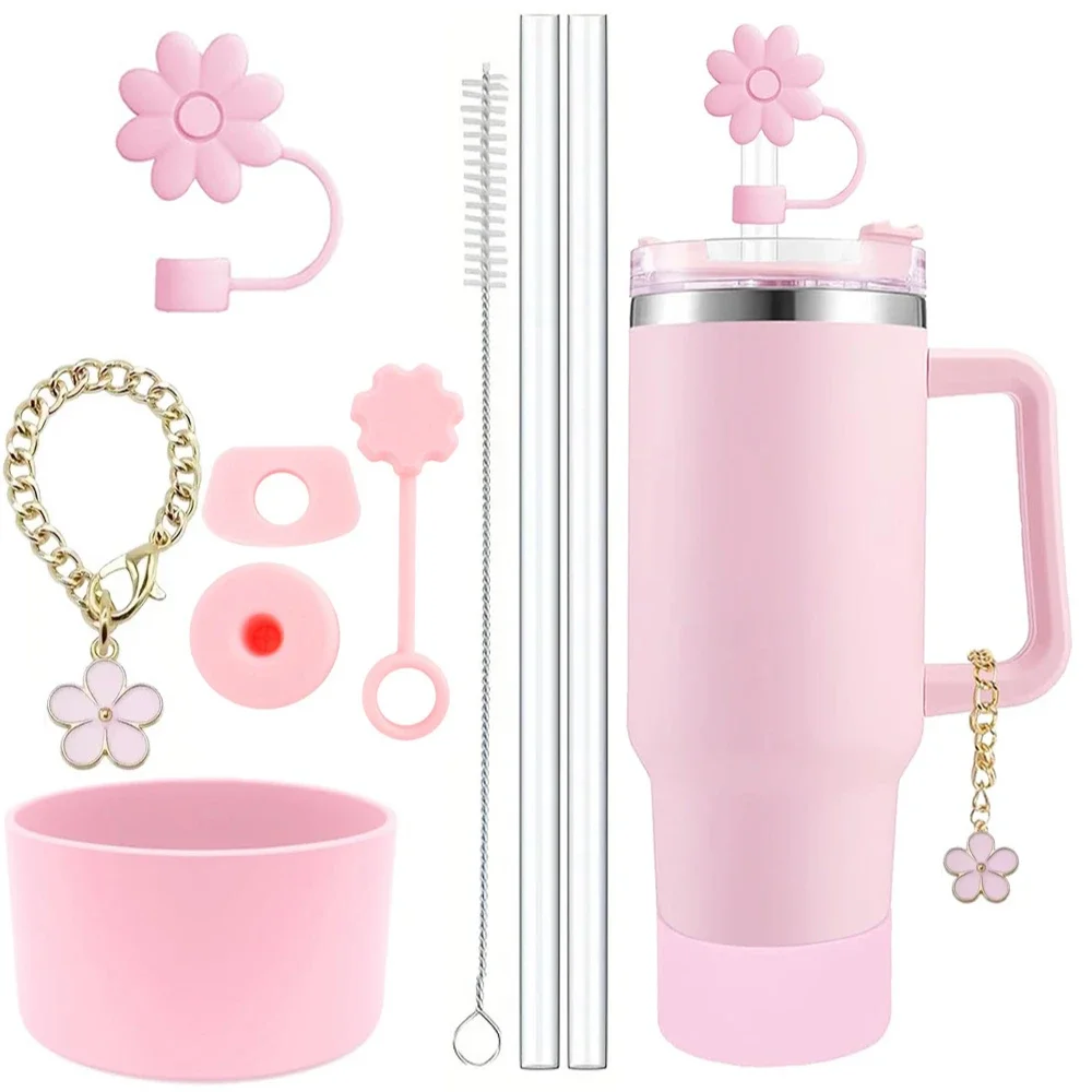 

Cup Accessories for Stanley Cup Set of 9 Straw and Brush and 1 Flower Charm Chain 3 Spill Proof Stopper Flowers Straw Cover Boot