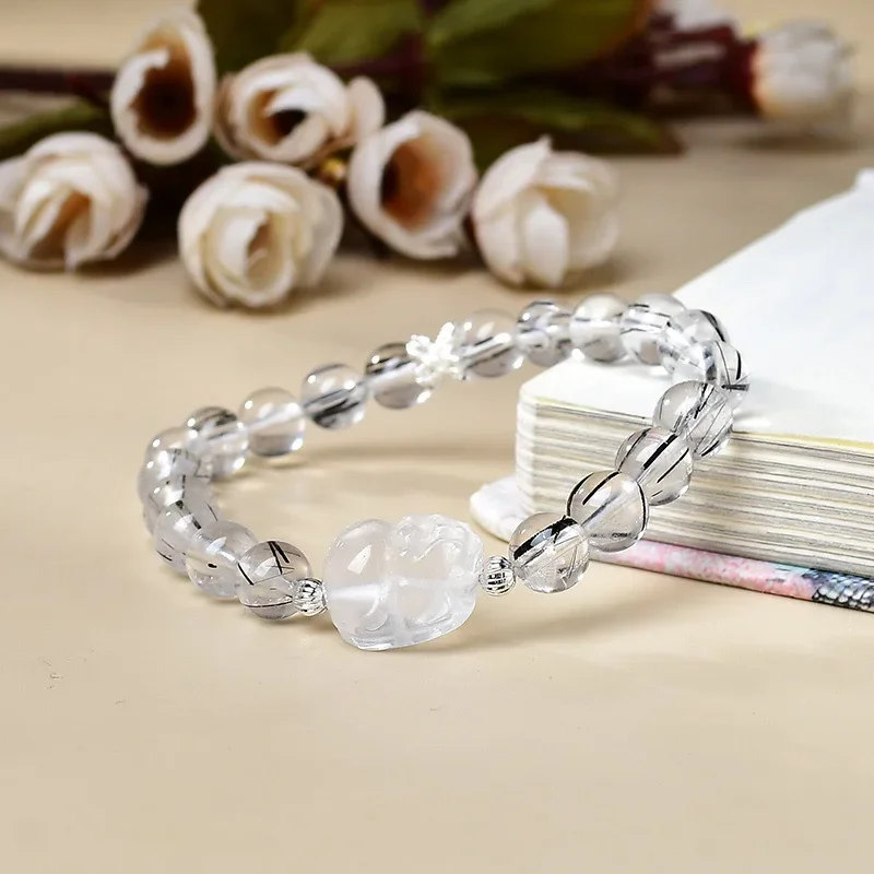 

Natural Black Hair Crystal Milk White Crystal Pixiu Bracelet Women's Light Luxury Fashion Lucky Bracelet, Gift