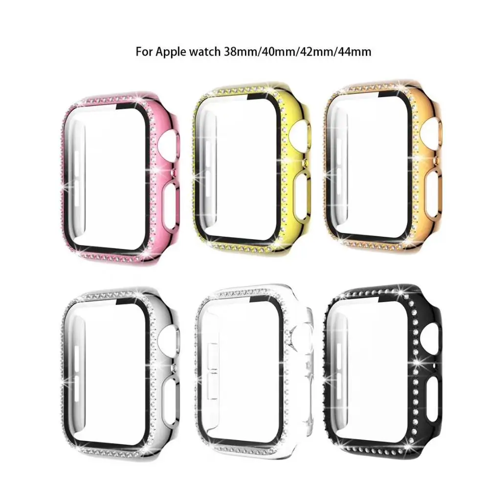 Diamond screen protector Cover for Apple Watch Case 44mm 40mm 38mm 42mm tempered glass+case iWatch Series 5 4 3 2 accessories