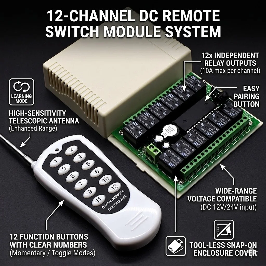 12CH Remote Control Receiver Switch Module DC 12V/24V for Garage Doors,Motors,Lights,Home Automation With 433MHz Transmitter