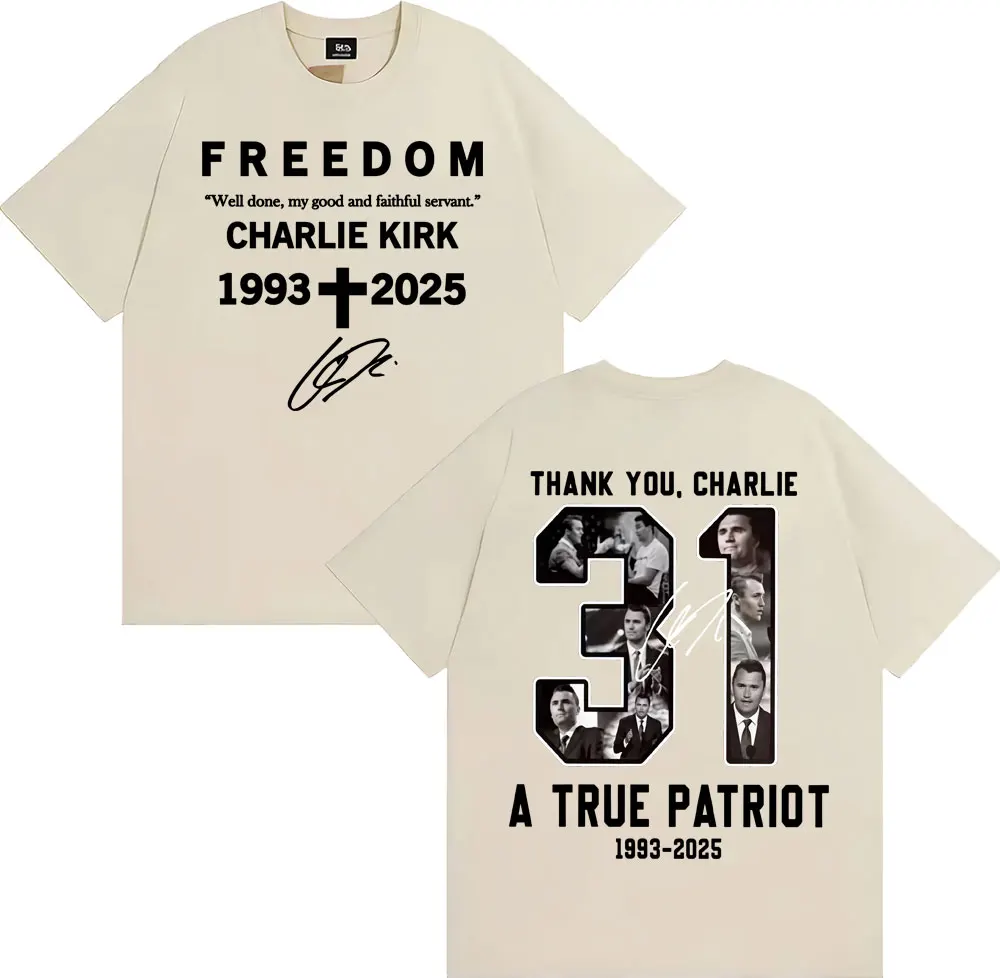 شكرا لك تشارلي كيرك تي شيرت الحرية الوطنية الحقيقية مزدوجة الوجهين طباعة تي شيرت الرجال النساء عادية القطن قصير الأكمام تي شيرت #4