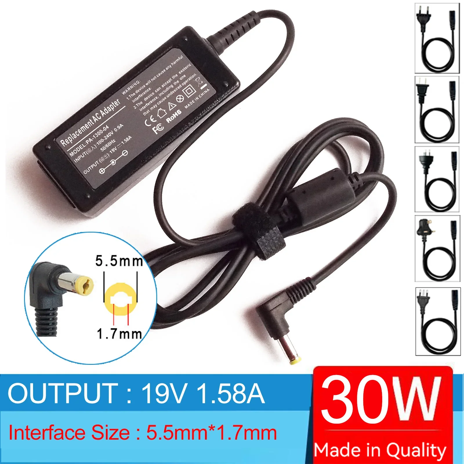 19V 1.58A 5.5mm*1.7mm PA-1300-04 ADP-30JH B Laptop AC Adapter Charger for Acer,Gateway,Packard Bell EasyNote,eMachines EM250,