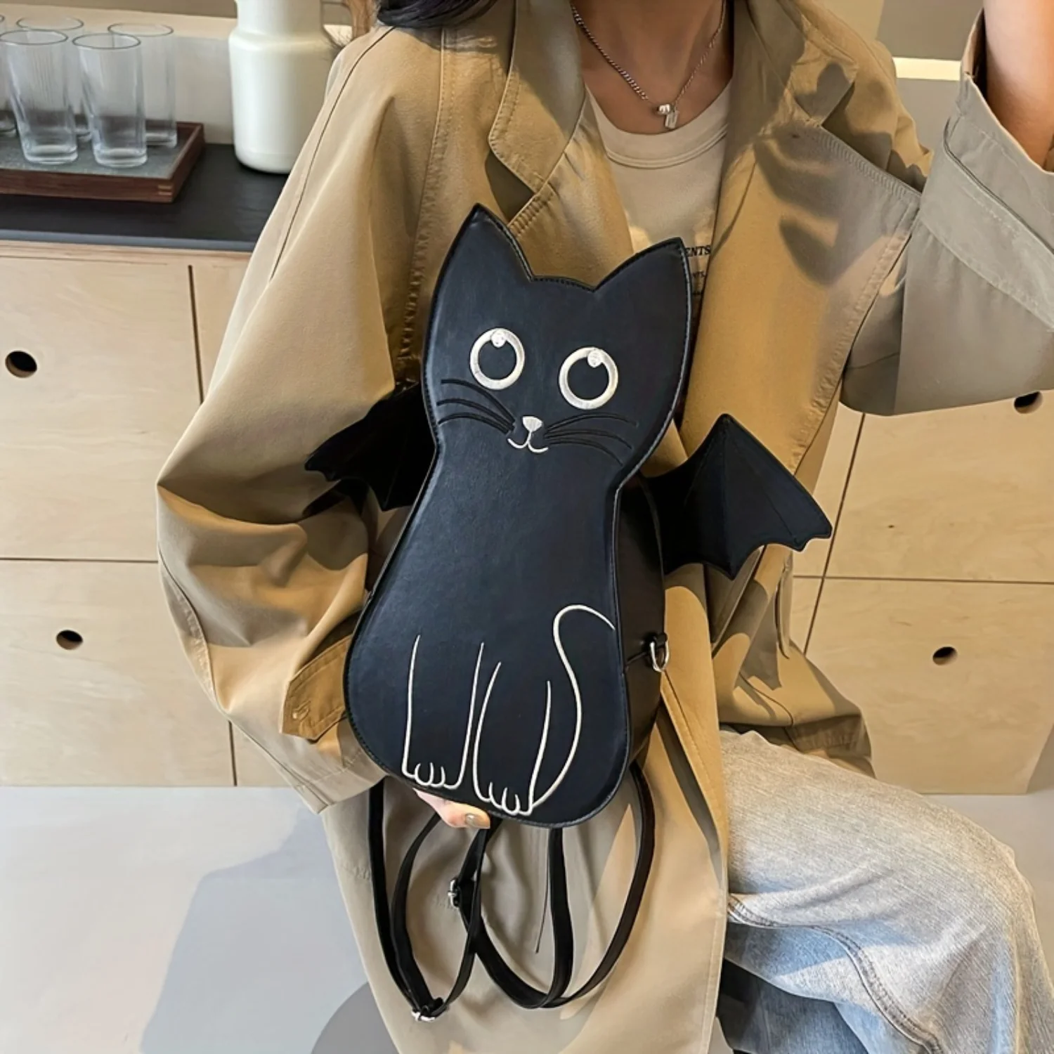

Cute Bat Cat Shaped Backpack - Punk Style Horror Daypack - Halloween Mini Schoolbag - Unique & Spooky Design