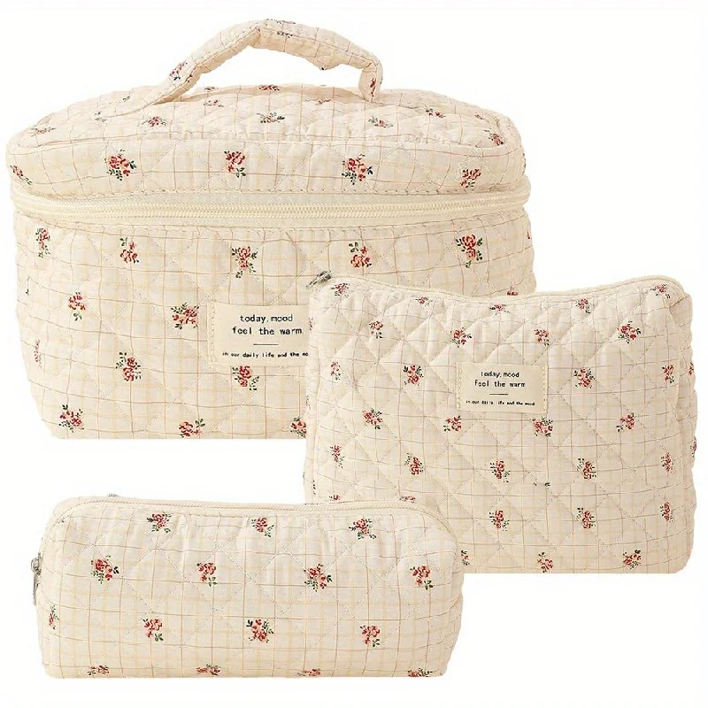 

3Pcs Cotton Quilted Makeup Bag Coquette Makeup Bag Large Travel Cosmetic Bag Aesthetic Cute Kawaii Floral Makeup Bag Toiletry Ba