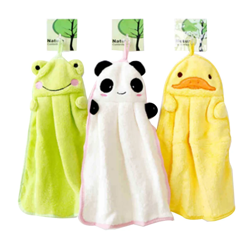 Cute Cartoon Animal Embroidered Hanging Hand Towel Cute Coral Velvet Hand Washing Towels Kids Toddler Soft Hand Dry Towels