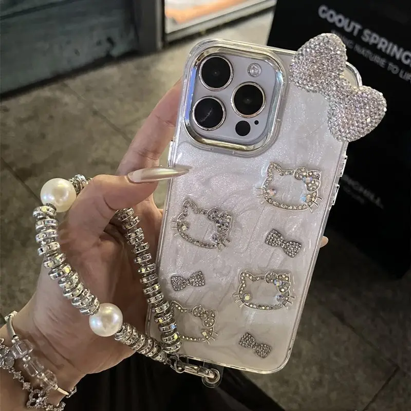 Light Luxury Sparkling Diamond Three-Dimensional Chain Hello Kitty Cat Apple 16 Phone Case Iphone 15/14 Plus/13Promax/12/11