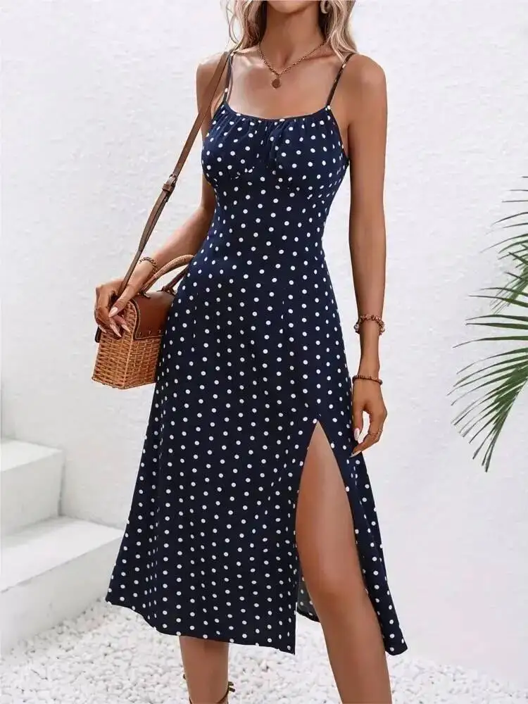 Abito estivo sexy con spalline per spaghetti Abito da donna con stampa a pois senza maniche con spacco Boho Abiti midi da spiaggia casual