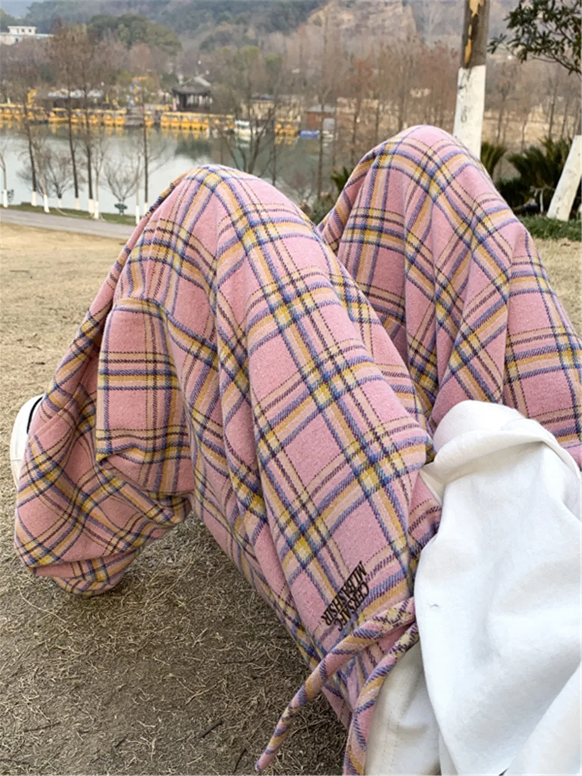 

Мужские брюки в американском ретро-стиле из твида в клетку, весенне-осенние, с вышивкой, повседневные, прямые, свободные, широкие, длинные