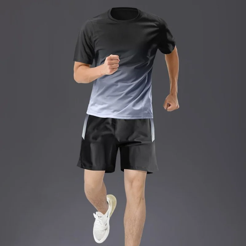 Ice Silk Thin Sports Quick Drying Running Set Men\'s Panelled O-Neck Short Sleeved T-shirt Elastic Waist Pocket Versatile Shorts