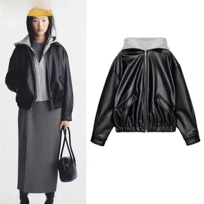 

Fall 2025 New Women's Faion Patchwork Leather Effect Jaet PU Leather Long Sve Zipper Closure Regular Fit Youth Coat