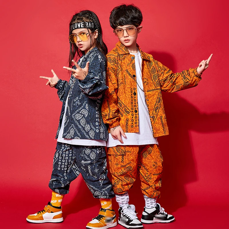 Hiphop Suits Jazz Show Outfits Stage Costume New Kids Hip Hop Clothes Fashion Printed Sweatshirt Tops Pants Long Sleeve