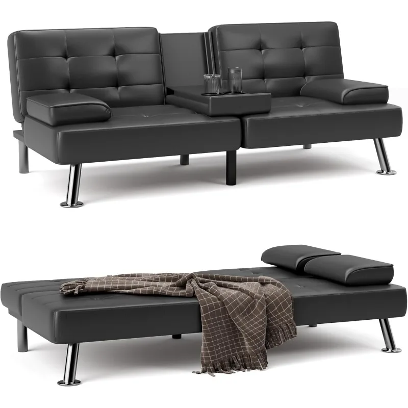 Sleeper Couch for Living Room Faux Leather Upholstered Loveseat w/Removable Armrests, Metal Legs, 2 Cup Holders, Deep Black