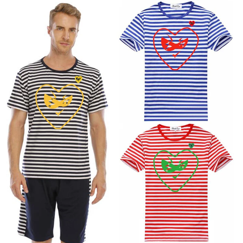 Футболка Мужская/Женская Полосатая с вышивкой в виде сердечек и очков Футболка Мужская/Женская Полосатая с вышивкой в виде сердечек и очков