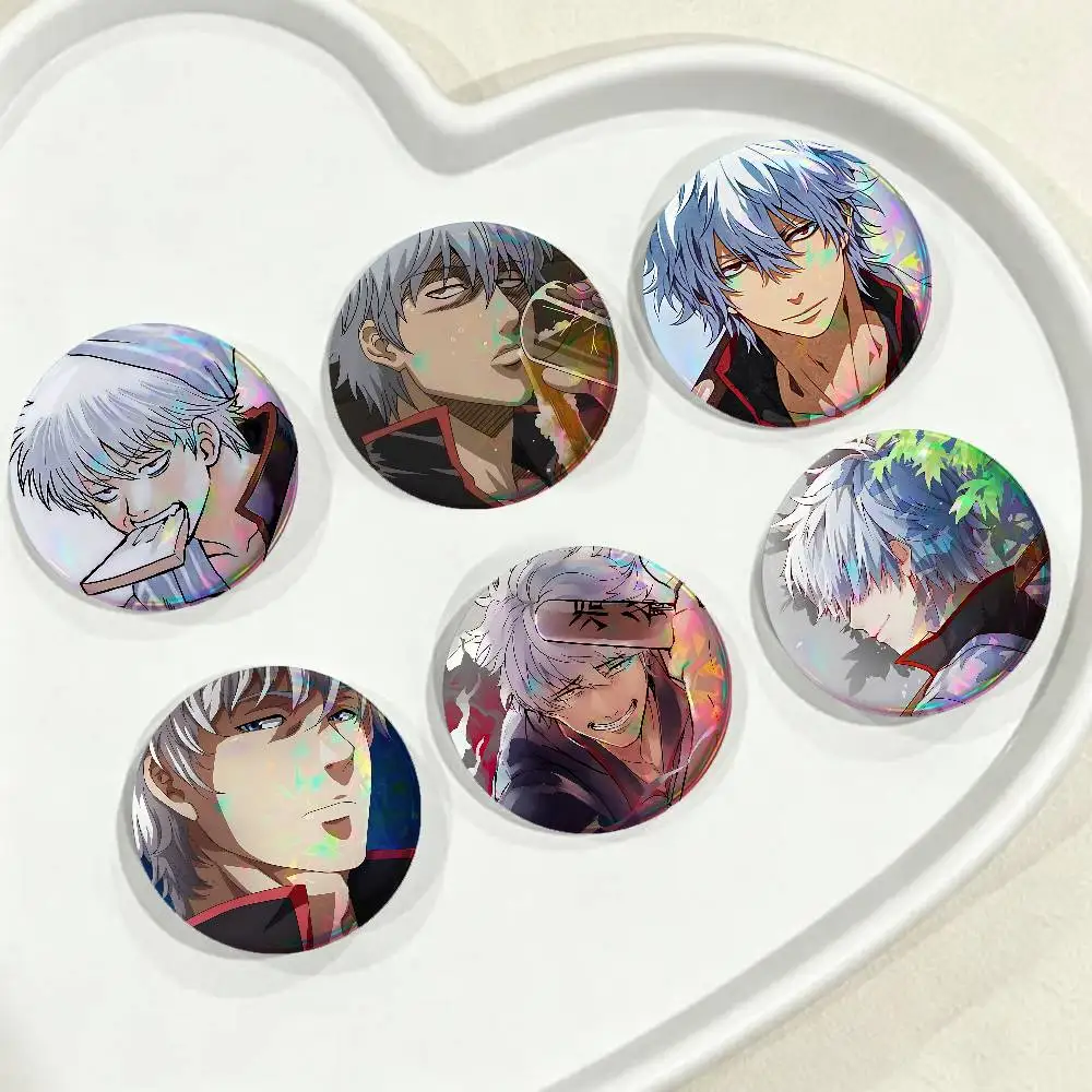 Cartoon S-Sakata G-Gintoki For Badge Custom Laser Hologram Enamel Pin Badge Metal Lapel Brooch For Clothes Bag Accessory Gift
