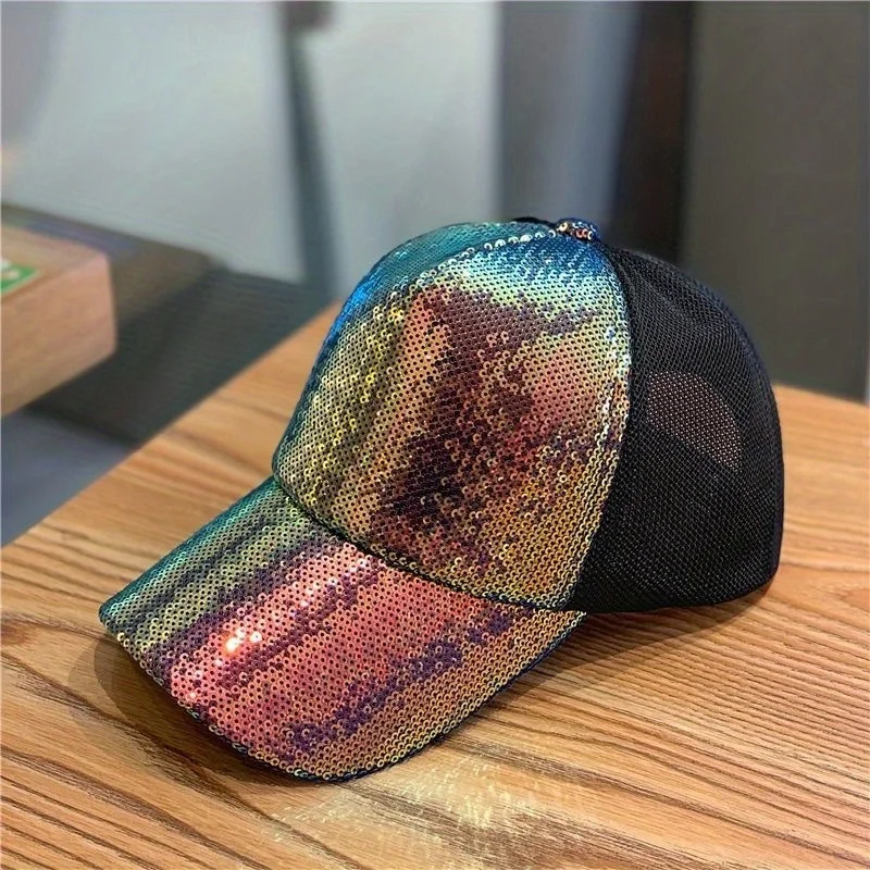

Sparkling Sequined Baseball Cap Hip Hop Color Block Mesh Snapback Breathable Adjustable for Men Women Outdoor