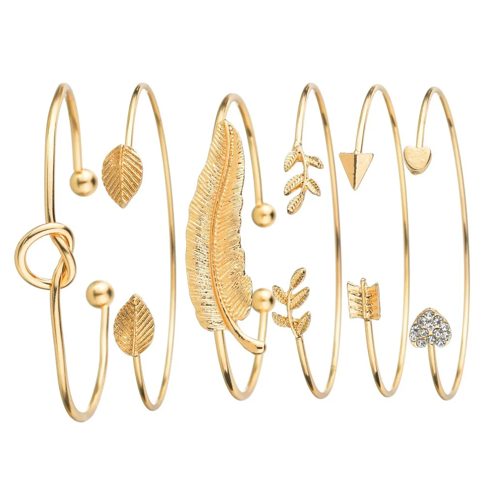 6pcs Set Luxury Temperament Leaf Feather Heart Micro-inlay Zircon Adjustable Opening Bangles for Women Party Stack Jewelry Sets