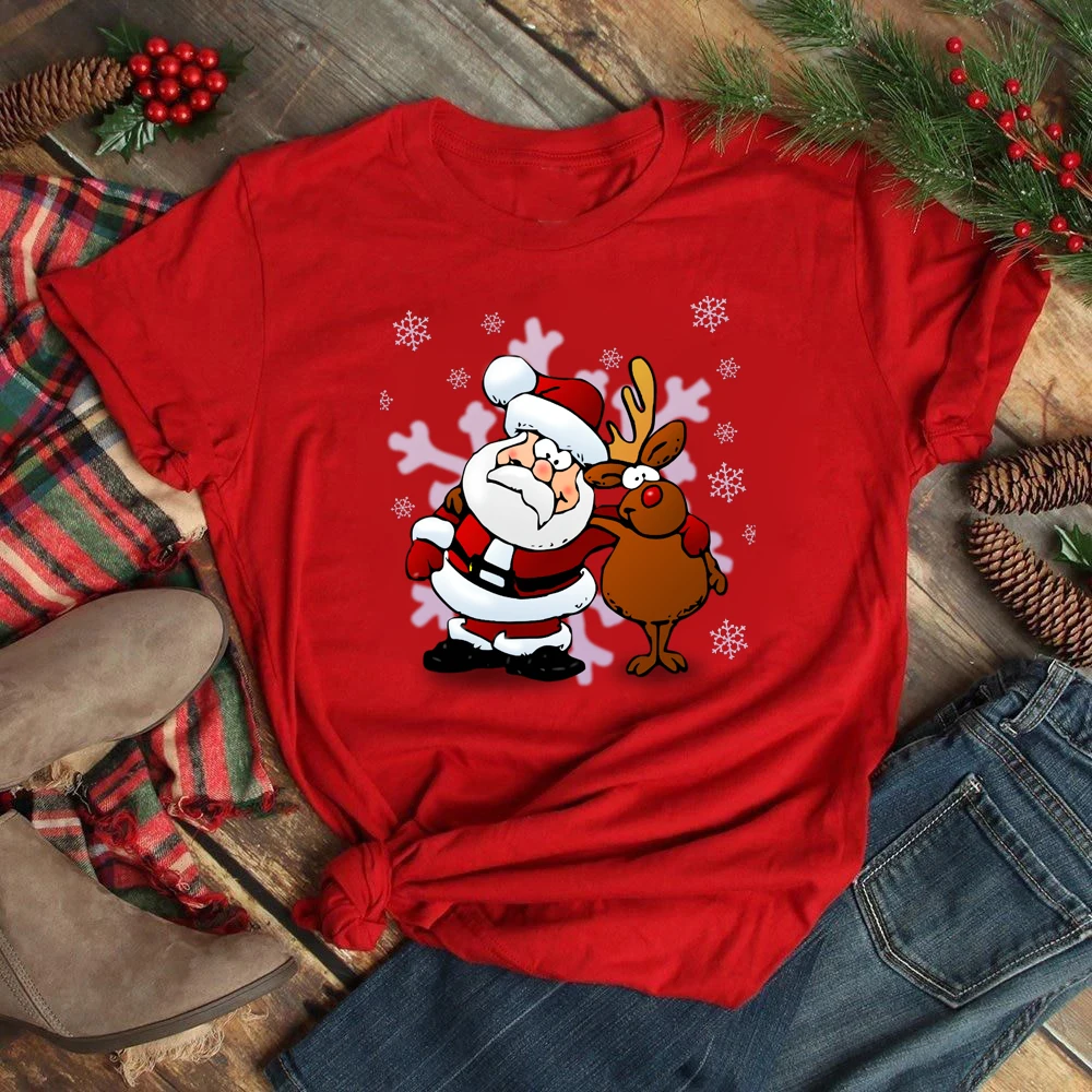 Funny Santa Claus with Christmas Elk Print Women T Shirt Casual Short Sleeve O-Neck Red Tshirt Ladies Y2k T-shirt Female