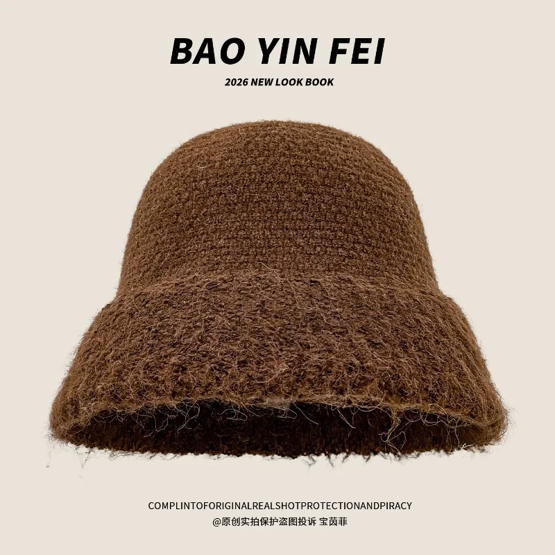 Einfache koreanische Plüsch-Strick-Fischerhut für Damen, warm, elegant, für Herbst und Winter, für große Köpfe, mit breiter Krempe, Kuppel-Eimerhut – Detail 5