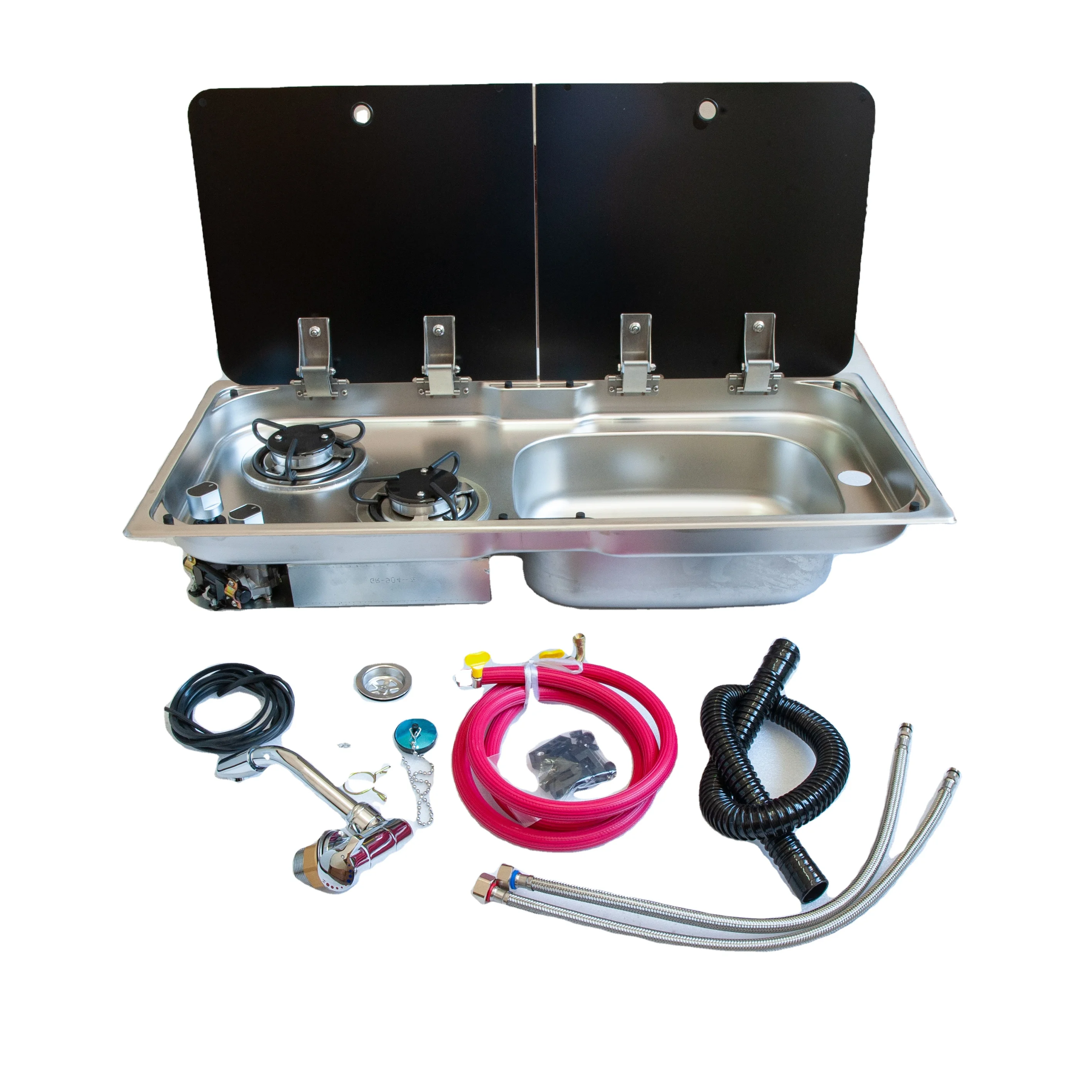 CAN RUN XINRUN Stainless Steel 2 burner Gas Stove and Sink Combo with Tempered Glass Lid for RV caravan Yacht  904