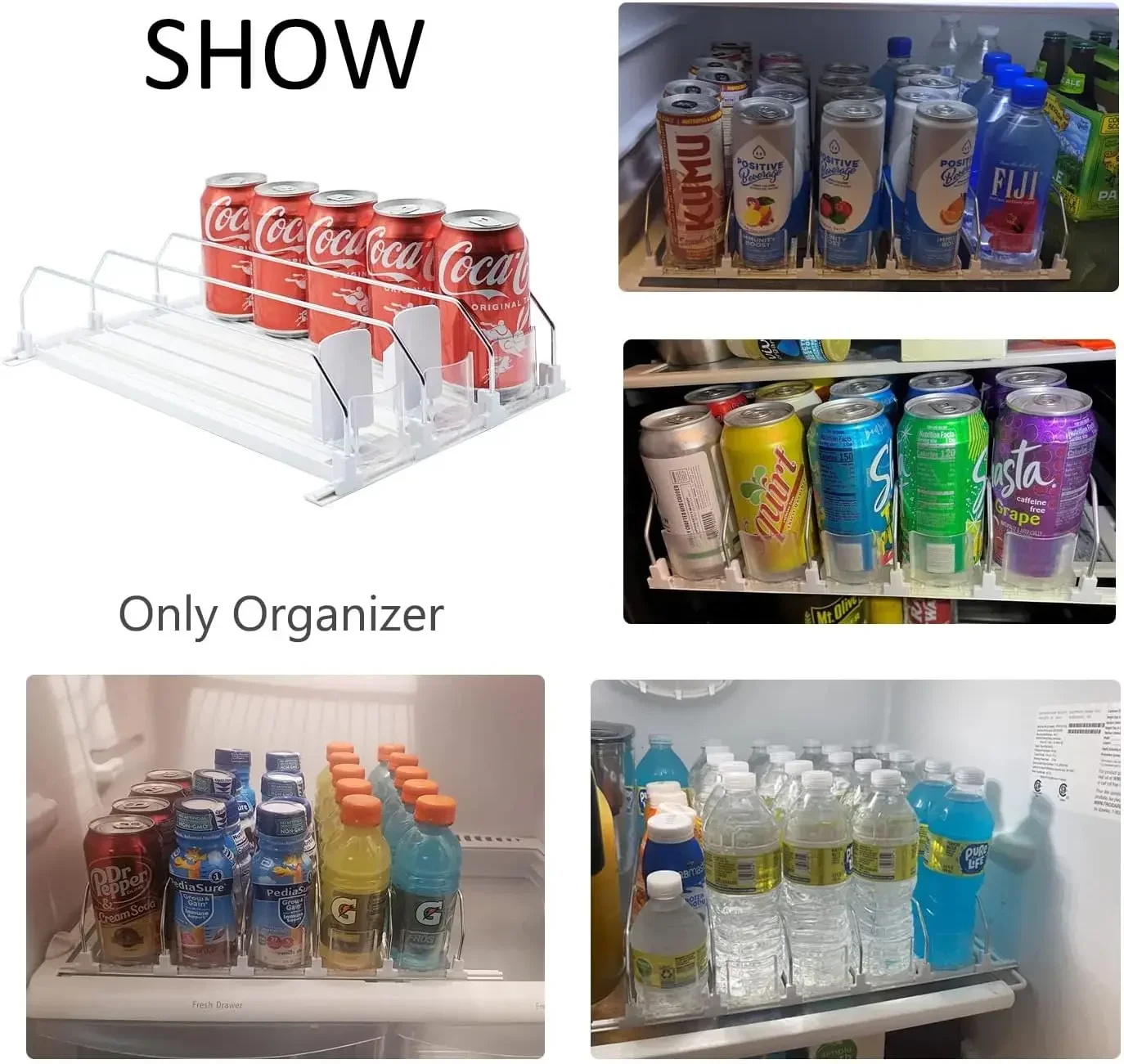 Drink Organizer Dispenser Spring Push Adjustable Width Beverage Water Beer Storage Self-Pushing Can Organizer for Refrigerator