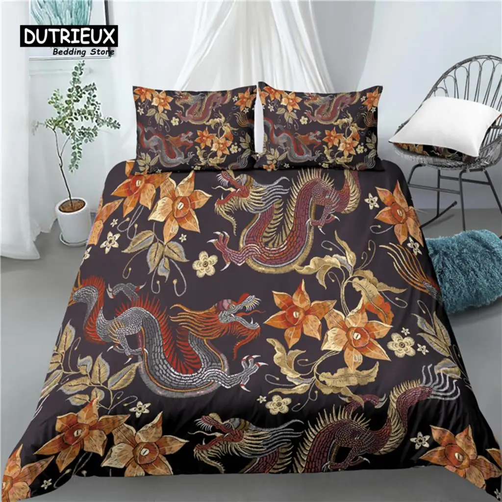 Home Living Luxury 3D Flower Dragon Print 2/3Pcs Comfortable Duvet Cover PillowCase Bedding Sets Queen and King AU/EU/US Size