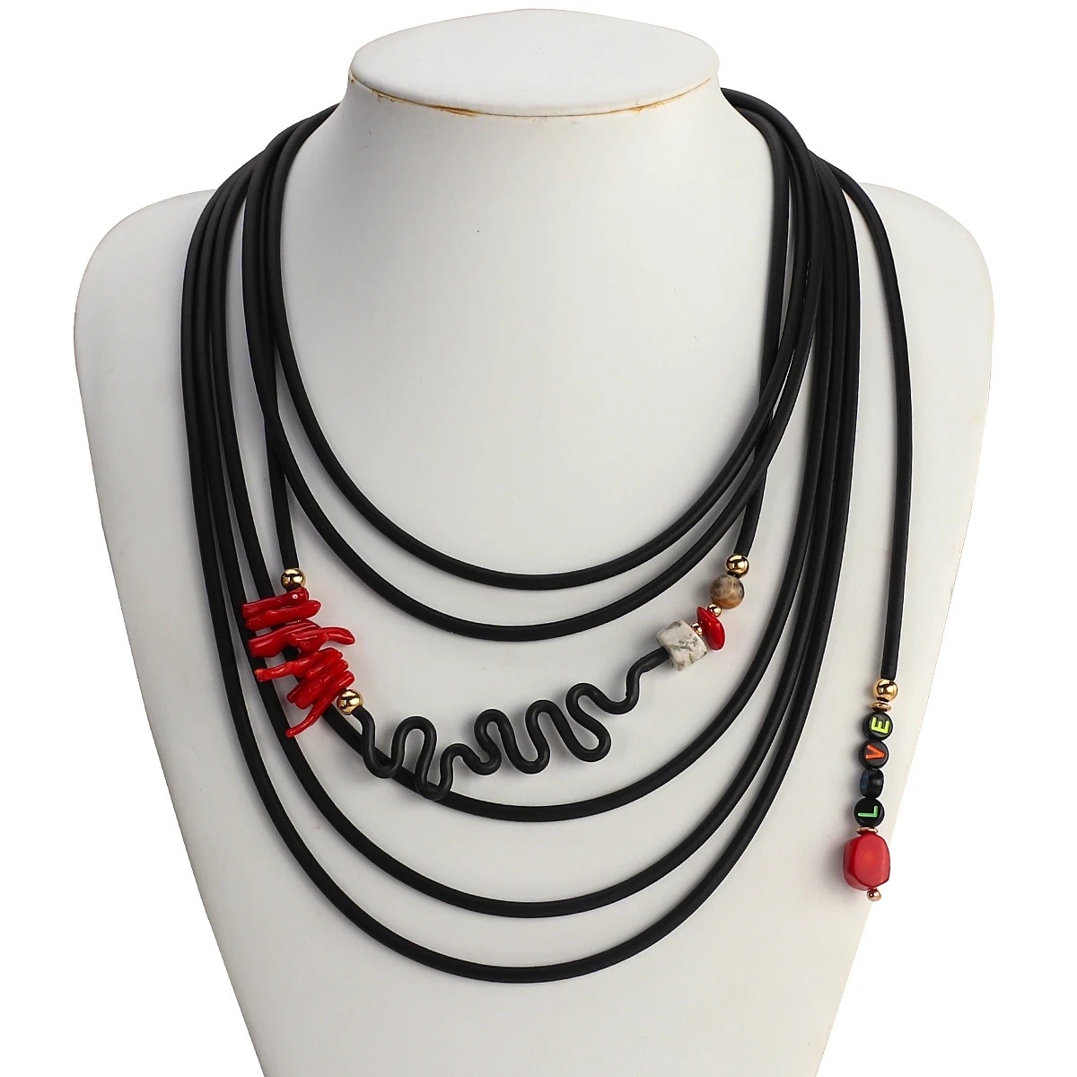 

Amorcome Vintage Multilayer Black Rubber Leather Necklace for Women Narutal Stones Sweater Neck Chains Hyperbole Clothes Jewelry