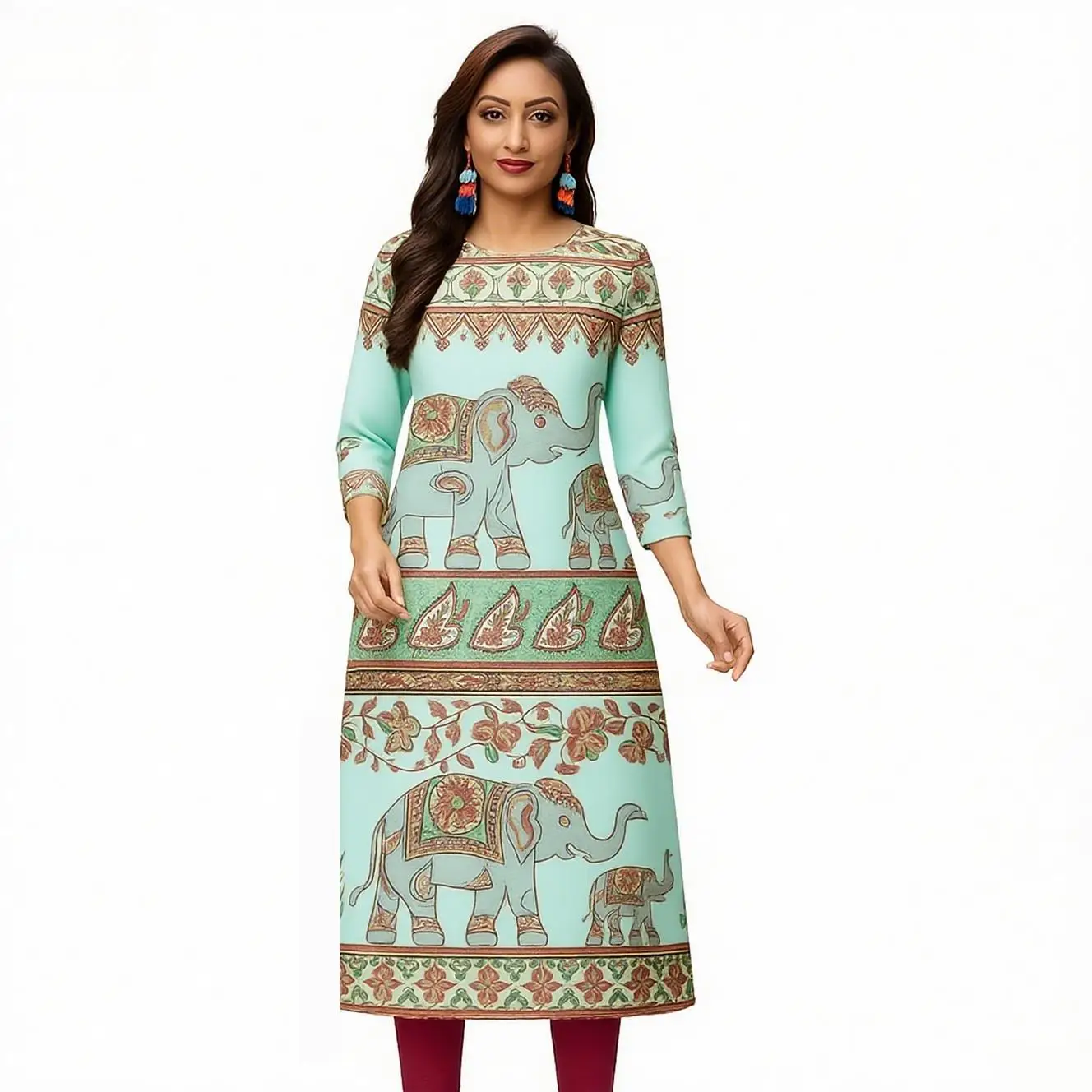 เดรสลำลองแฟชั่นผู้หญิง แขนยาว ทรงตรง สไตล์ชาติพันธุ์ คอกลม ไซส์ปกติ สินค้าใหม่ 2026