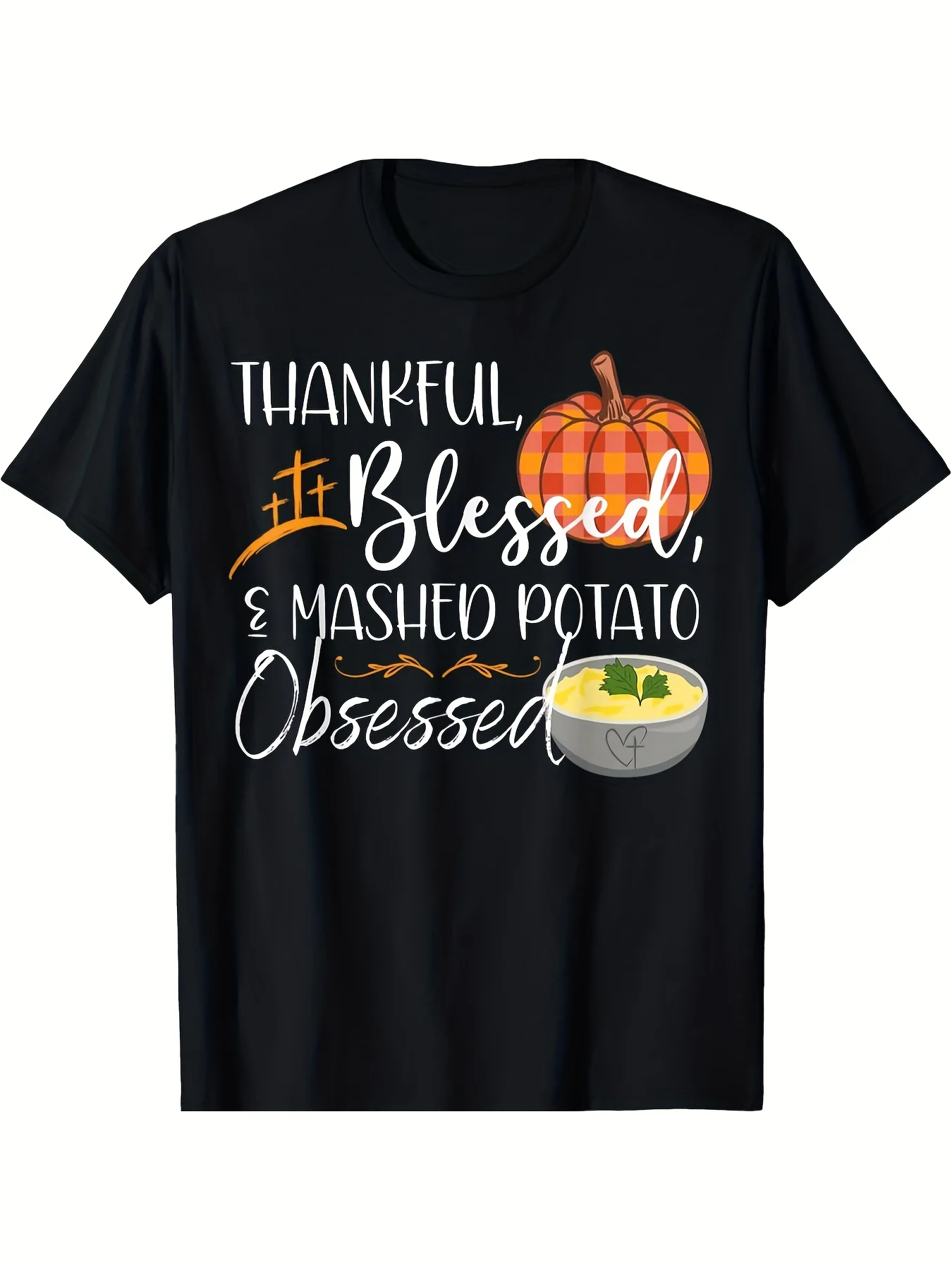 تي شيرت مرح لعيد الشكر للرجال والنساء - بركات ممتنة بتصميمات البطاطس والقرع المهروسة، # شعار العلامات المباركة #1
