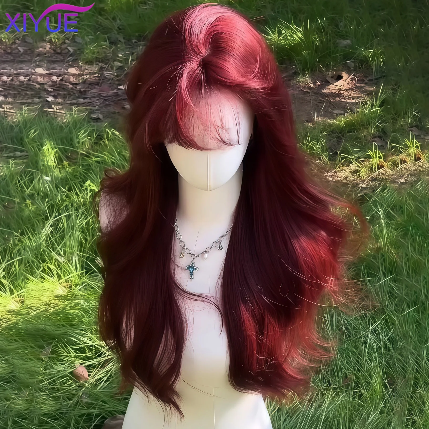 

Fashion wine red Wave synthetic wig Long body wave red natural wig middle part of Cosplay Halloween smooth fiber wig for women