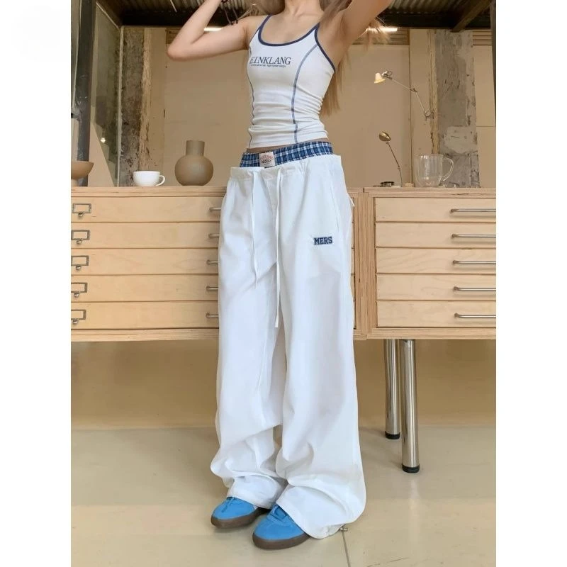 

Double waist plaid splicing fake two-piece casual pants women's American retro sweatpants trend