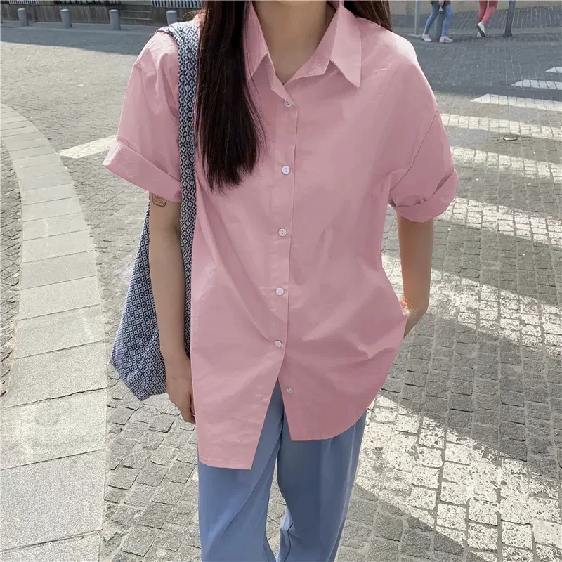 Korean Women Shirts Pink Shirt Women Short Sleeve Shirts Tops Office Lady Basic Shirt Blouses Woman Blouse NS5646