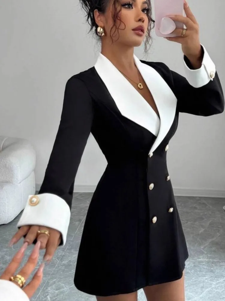 Spring Autumn Temperament Commuter Women's Suit Skirt Fashionable Black White Contrasting Color Lapel Long-sleeved Slim Dress