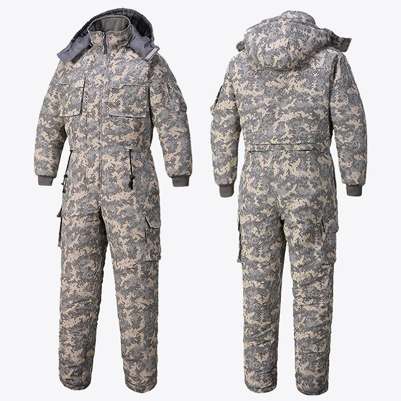 Winter Waterproof Jumpsuit Men Women One-Piece Ski Down Parka Jumpsuit Outdoor Sports Camouflage Jacket Warm Hooded Overalls