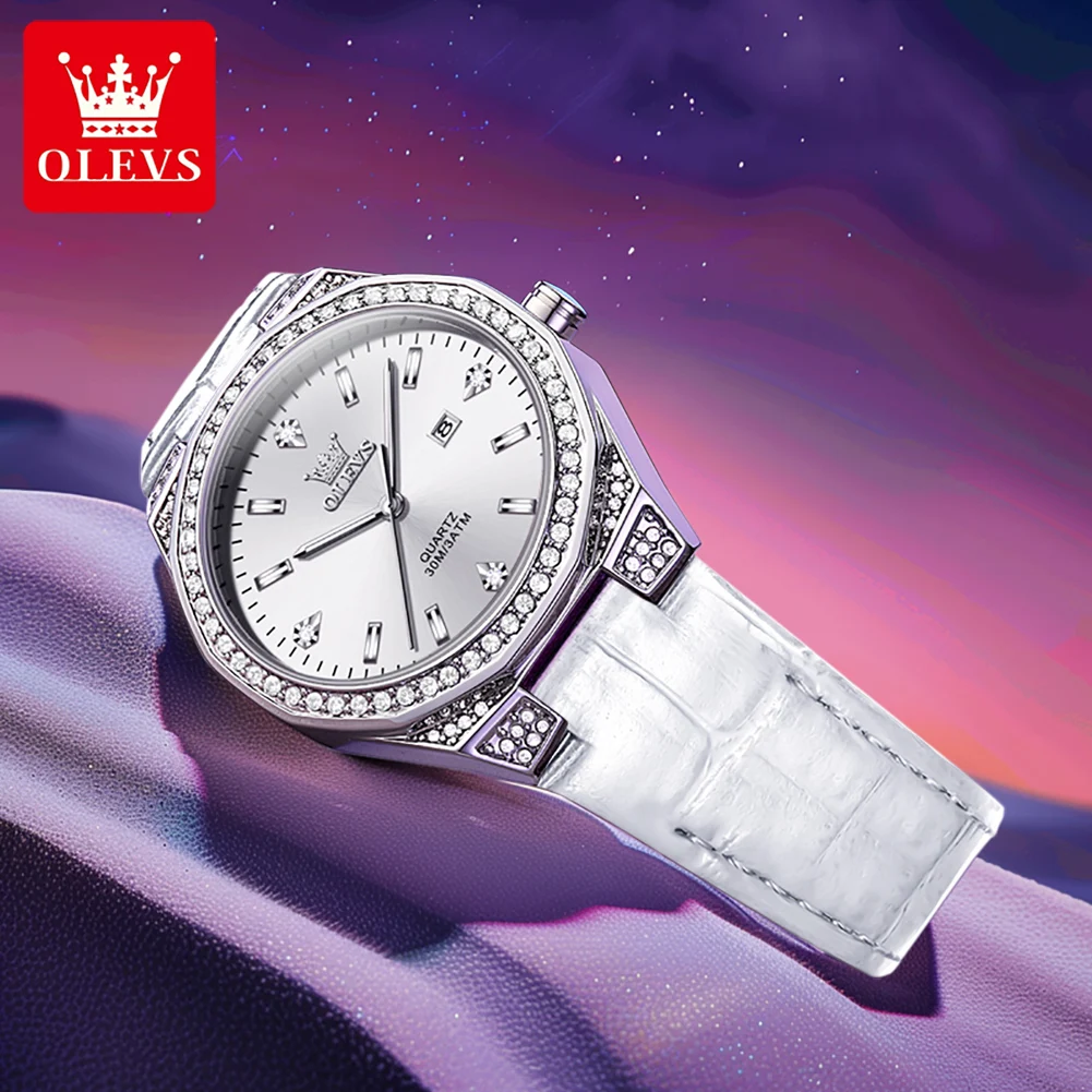 OLEVS 5606 Women‘s Watch Original Light Fashion Quartz Wristwatch Leather Strap Diamond Bezel Waterproof Luminous Ladies Watch
