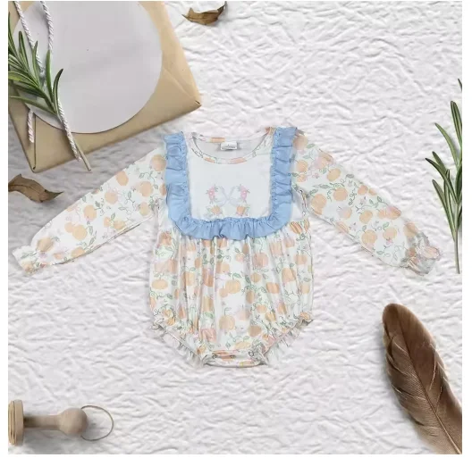 

Winter pumpkin Wholesale Halloween Bows Purple Ruffle Long Sleeve Bubble Romper Western Boutique Girl Clothes