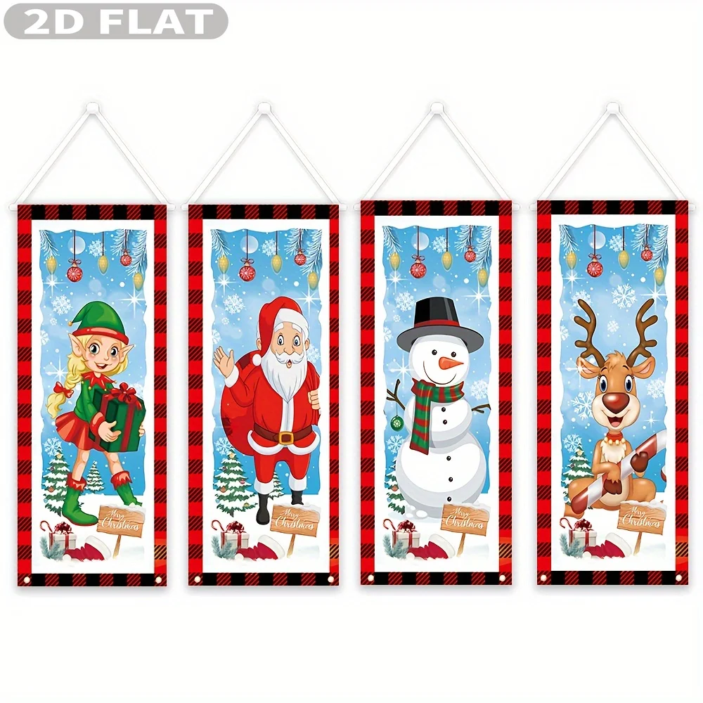 2D FLAT 4pcs Christmas Hanging Banners Set, 40x102cm Multipurpose Polyester Holiday Porch Hangings, Santa, Snowman, Reindeer