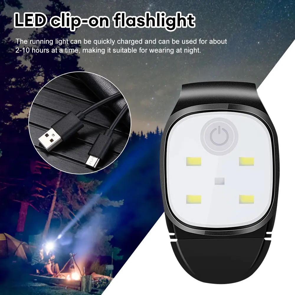 LED Clip Flashlight 4 Lighting Modes USB Rechargeable Clip On Light Safety Warning Running Lights for Night Walking Fishing