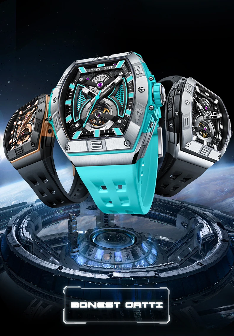 BONEST GATTI Мужские автоматические часы 42 мм * 53 мм Механические наручные часы Tonneau Водонепроницаемый сапфировый светящийся ремешок из фторкаучука