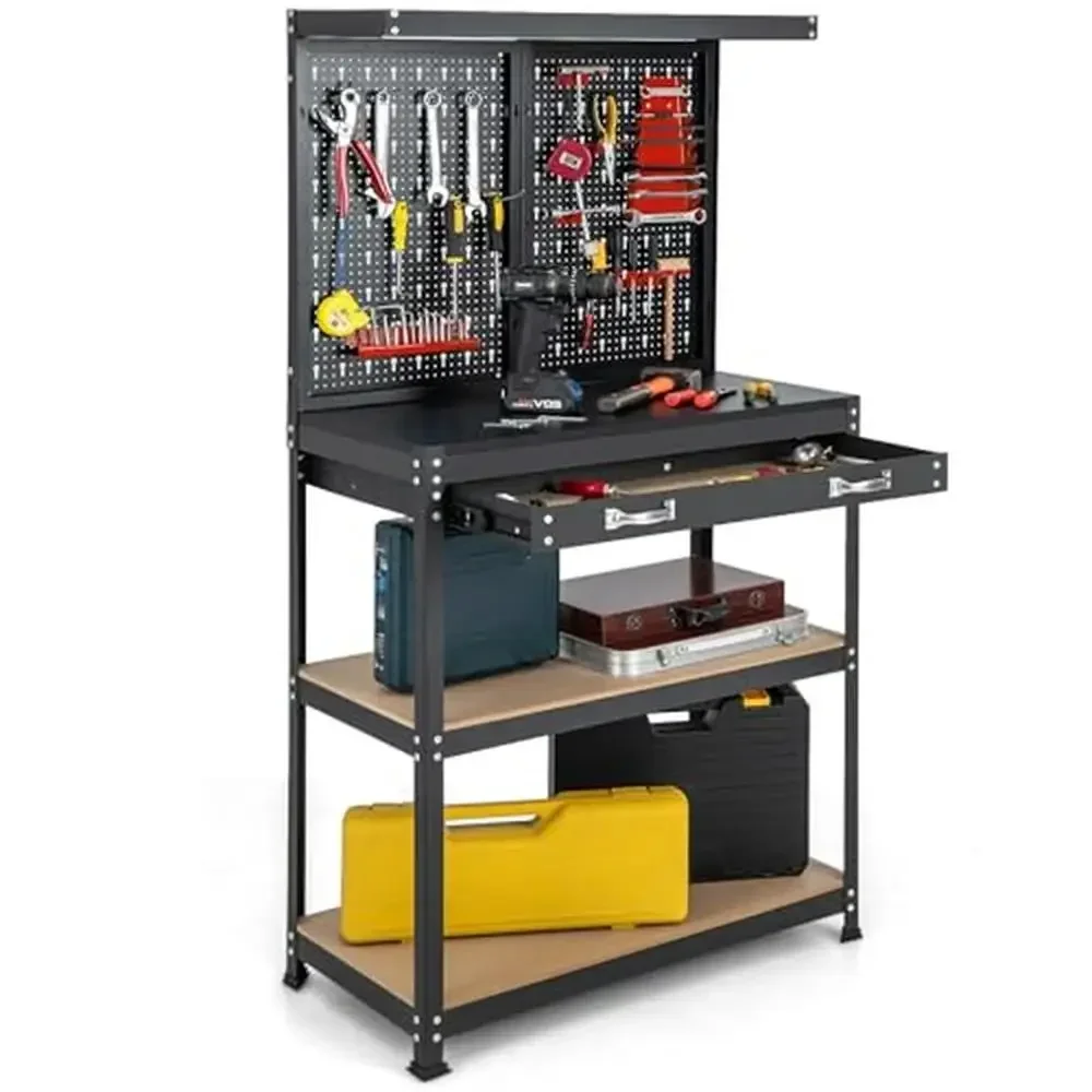 Workstation Organizer Heavy Duty Steel Frame Workbench with Drawers & Hanging Kits 2 Storage Shelves Long Drawer Bench Organizer