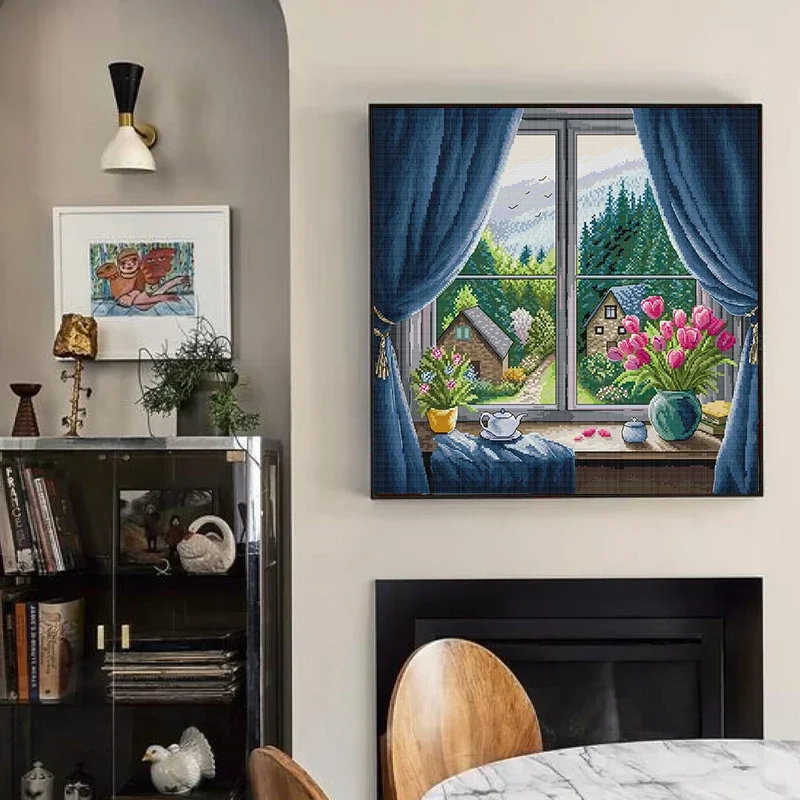 

Tulip Window Sill Joy Sunday Cross Stitch Kit - Aida Cloth Home Decoration Set (11CT/14CT/16CT) with Embroidery Flower Patterns