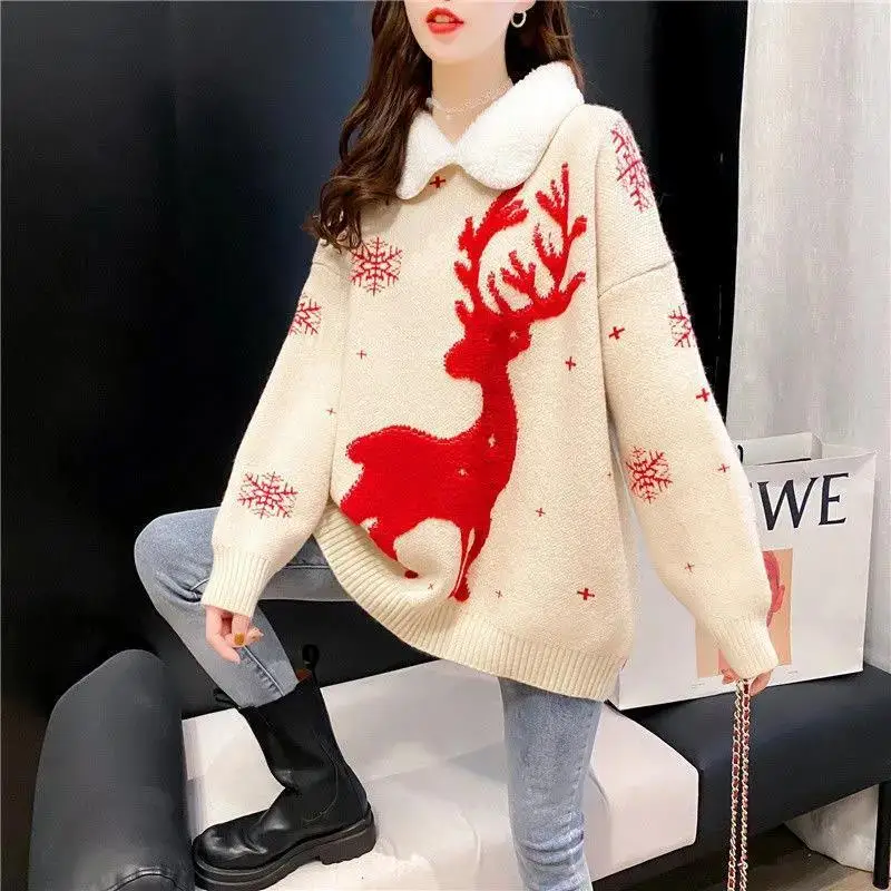 Christmas Cartoon Pullovers Women Clothes All-match Printing Turn-down Collar Long Sleeve Mid Length Top Autumn Winter Sweater