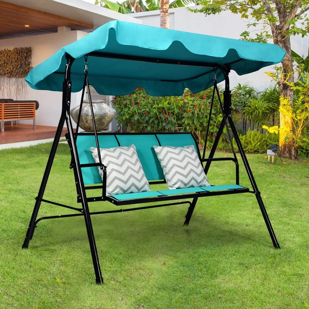3 Person Patio Swing, Steel Frame with Polyester Angle Adjustable Canopy, All Weather Resistant Swing Bench, Suitable for Outdoo