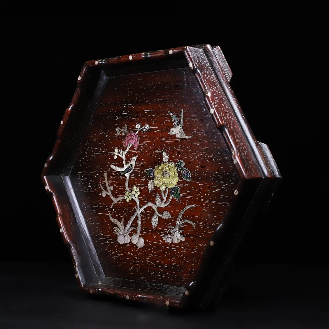 Rosewood Tea With Inlaid Shells And Hexagonal Curved Edges Storage Tray 5