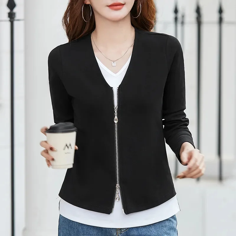 Spring Autumn Short Fake Two Pieces Casual Jacket 2024 New V-Neck Loose Women's Clothes TOP Solid Colour Fashion Coat Female