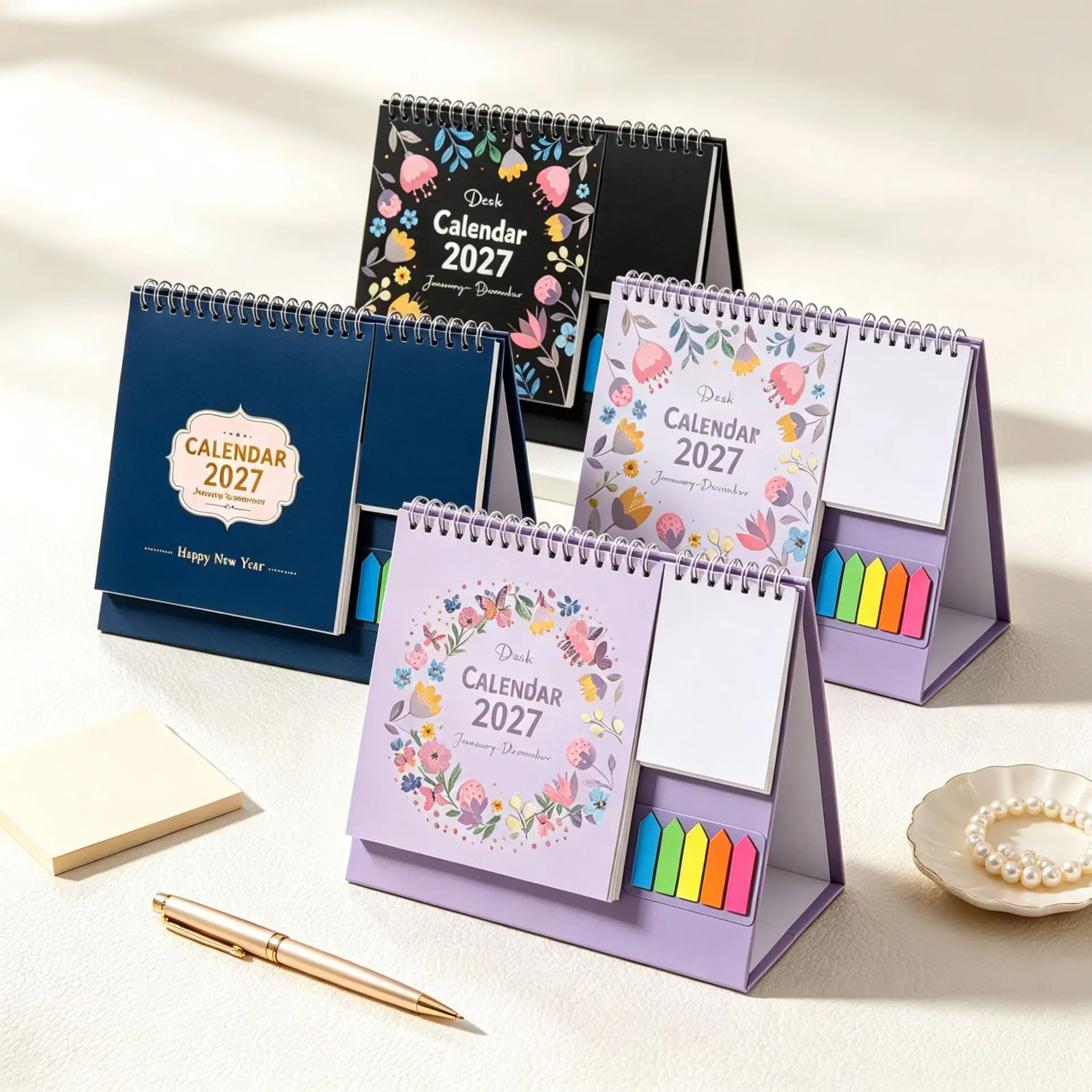 2027 English Desk Calendar with Sticky Notes and PET Index Tabs, Standing Planner for Daily Schedule and Habit Tracking, 27 x