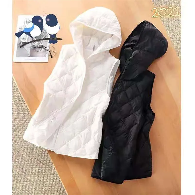 2024 New White Down Cotton Vest Jacket Women Hooded Sleeveless Padded Vest Outer Wear Autumn Winter Vests Female Waistcoat Coat