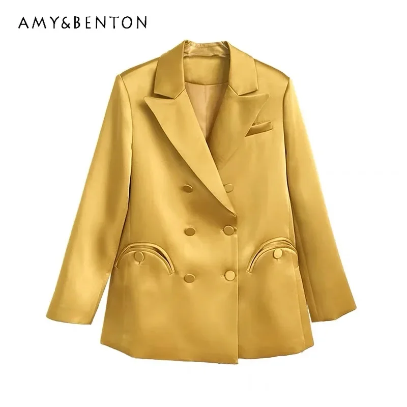 

Temperament Commute Style Blazers Goddess Arc Pocket Design Dopamine Wear Satin Silk Suit High-Grade Small Jacket Coats Outwear